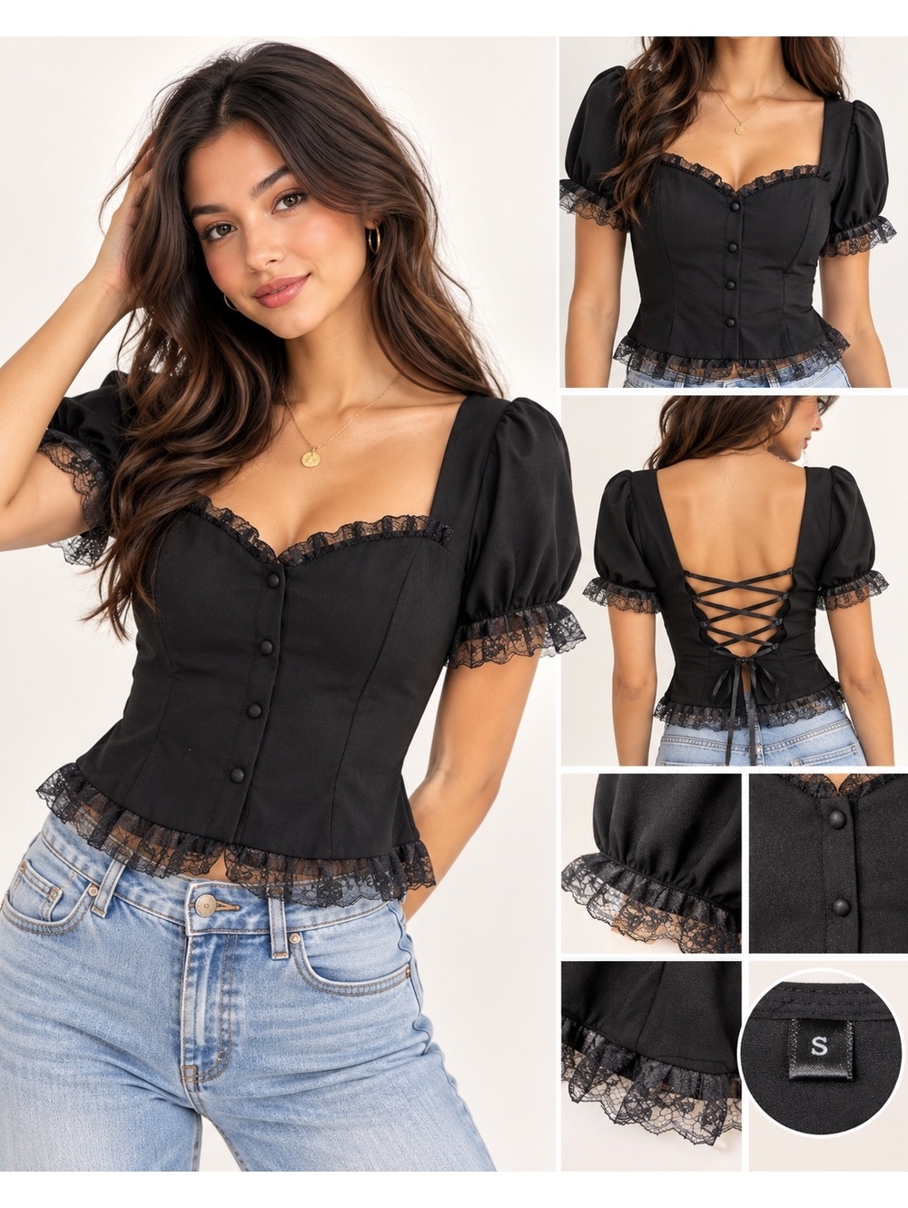 Black Puff Sleeve Lace Up Back Top